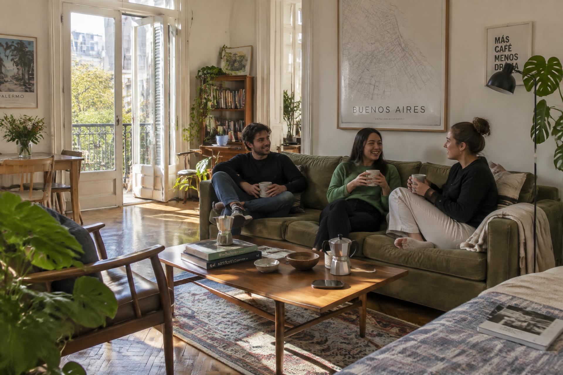 Shared living room of a Palermo apartment with international housemates